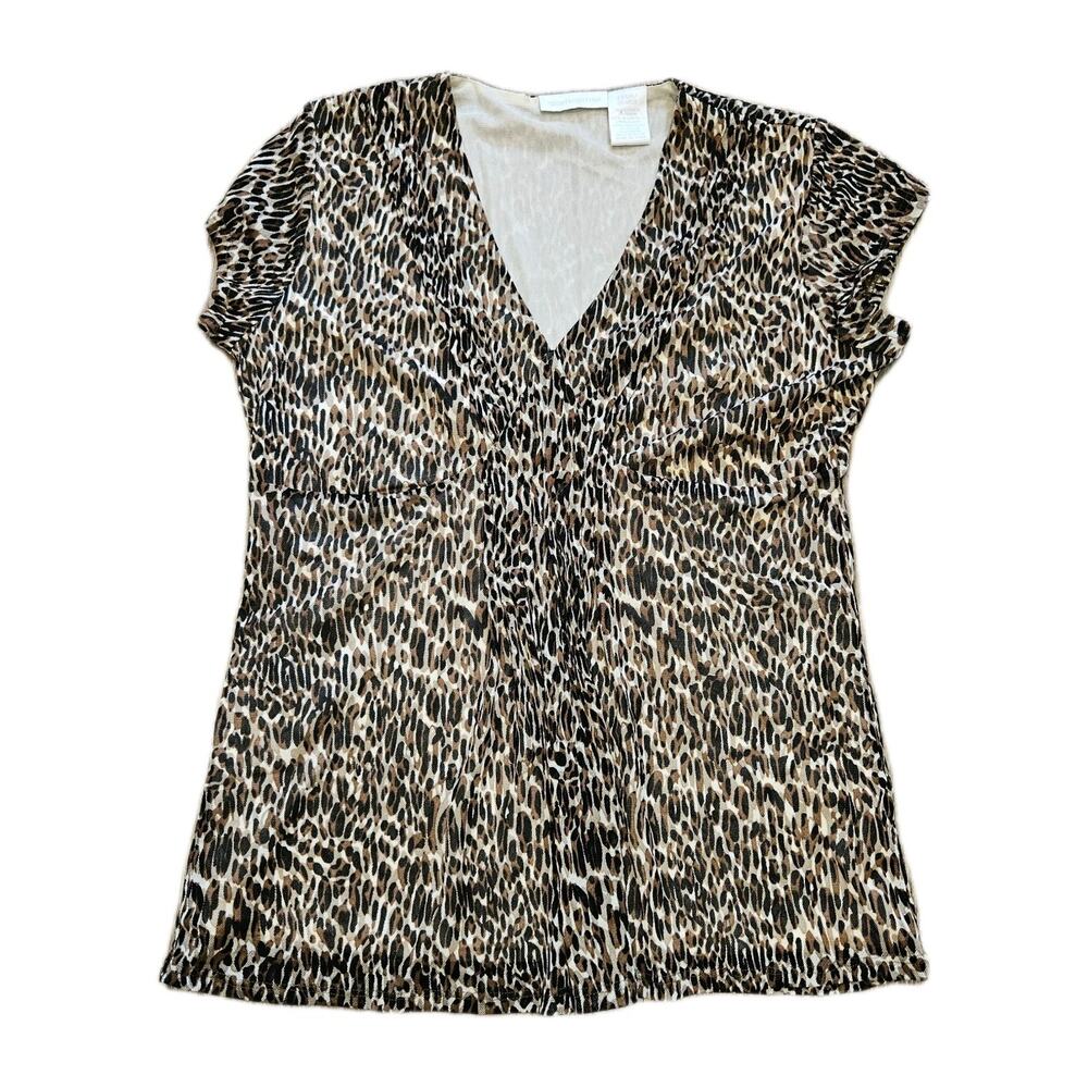 Vtg Leopard Print Mesh Babydoll Blouse Top Womens L Brown Boho Y2K Cheetah Girls